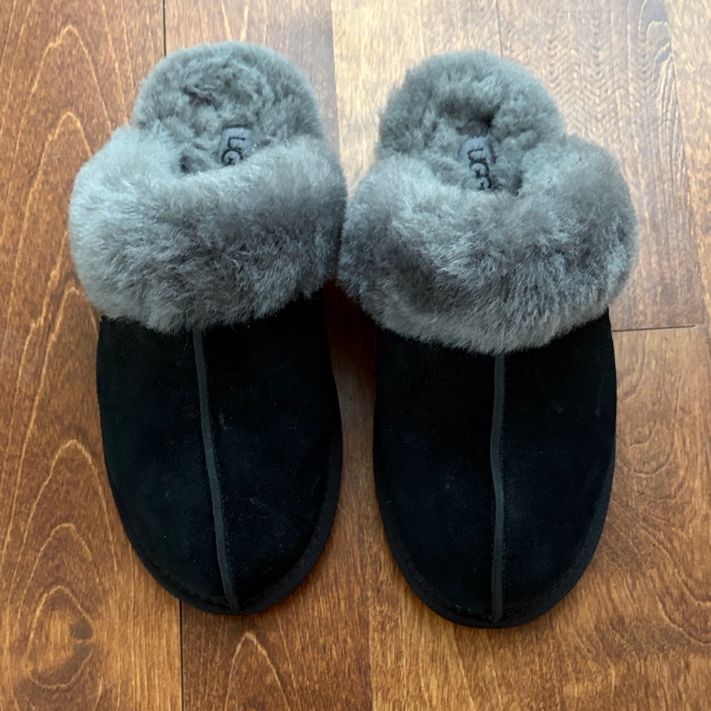 UGG Black Suede Slippers with Gray Fur